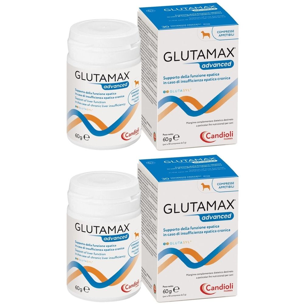 Due flaconi bianchi e due scatole con la scritta GLUTAMAX advanced. Scritta: 60g e. Marchio: Candioli.