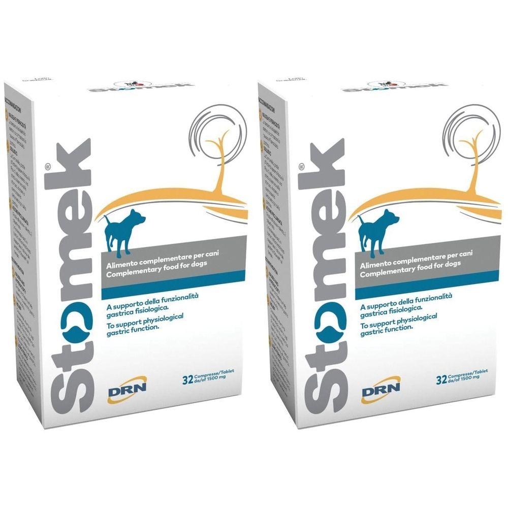 Due scatole bianche "Stomek". Contengono 32 compresse. Per cani. Marchio DRN. Testo in italiano.