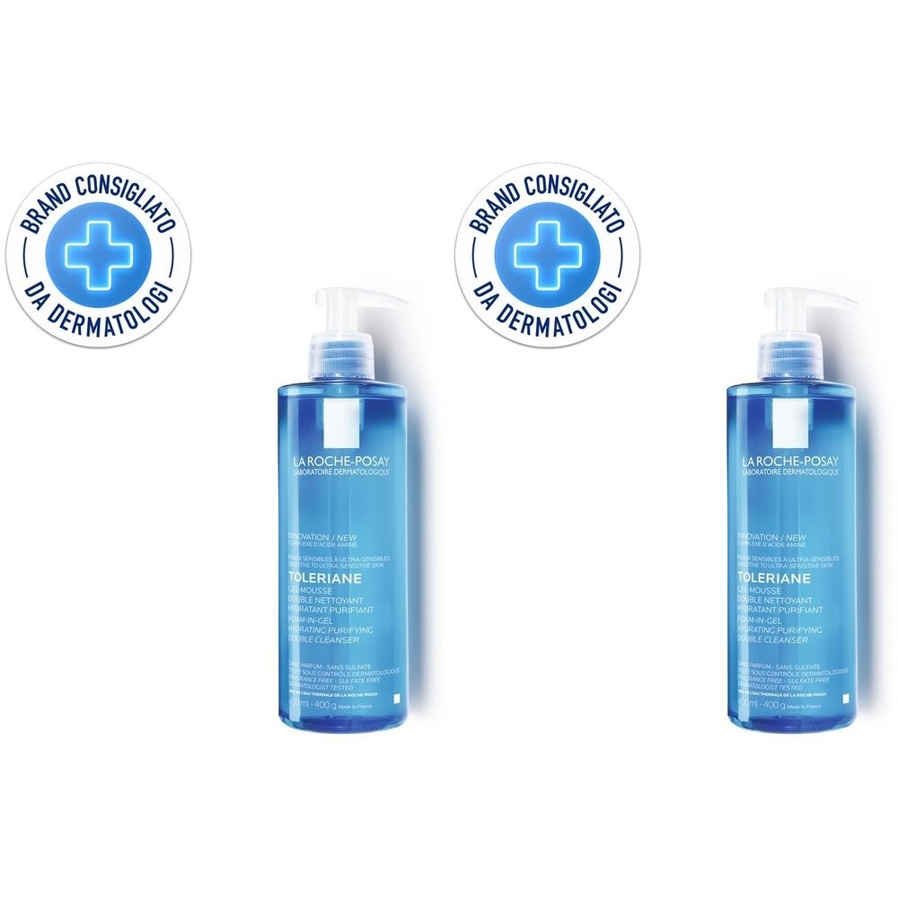 Due flaconi blu con dosatore. Scritta: Toleriane. Sigillo: Brand Consigliato da Dermatologi.