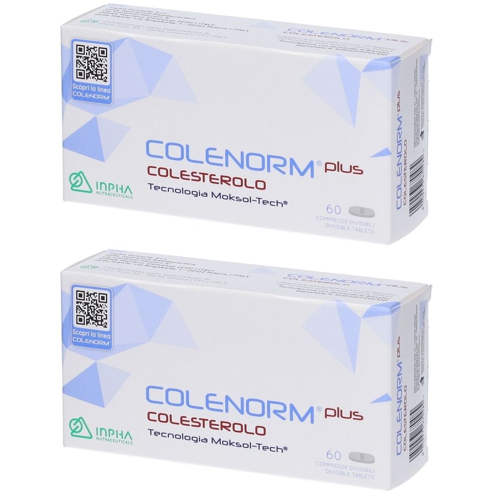 Due scatole di Colenorm Plus. Scritta: Colesterolo, 60 compresse. Confezione bianca con dettagli blu e logo.