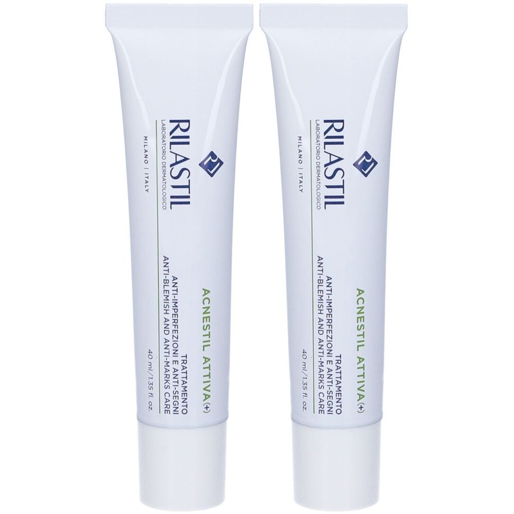 Due tubi bianchi Rilastil Acnestil Attiva+. Testo: Anti-Imperfezioni e Anti-Segni, Anti-Blemish and Anti-Marks Care. 40 ml.