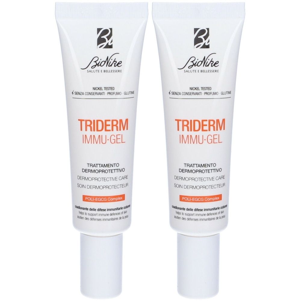 Due tubi di Triderm Immu-Gel. Tubi bianchi con testo arancione. Marchio BioNike. Testo: Nickel Tested, senza conservanti, profumo, glutine.