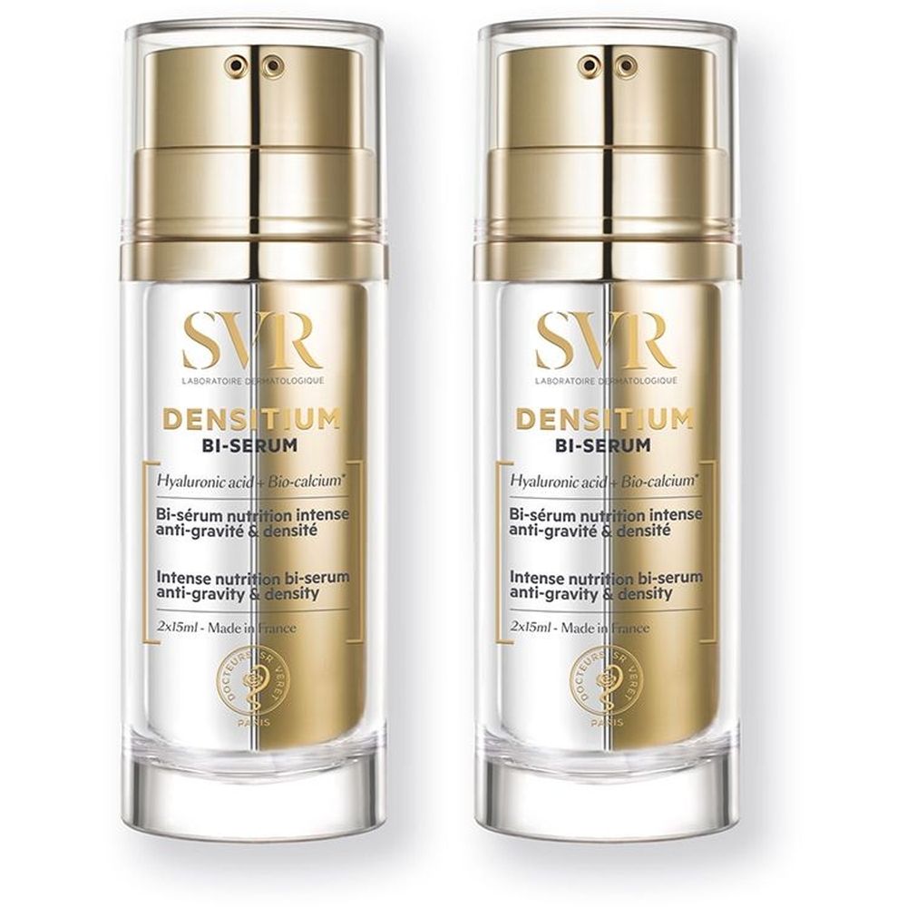 Due flaconi di SVR Densitium Bi-Serum. Tappi dorati, contenitori trasparenti. Scritta: Densitium Bi-Serum, acido ialuronico, bio-calcio.