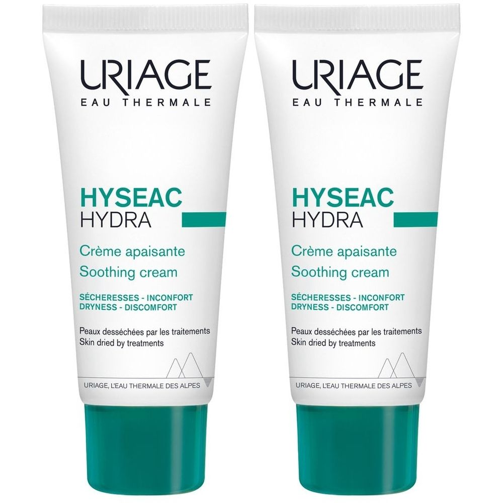 Due tubi di crema. Scritta: URIAGE, HYSEAC HYDRA, Crème apaisante, Soothing cream. Confezione verde e bianca.