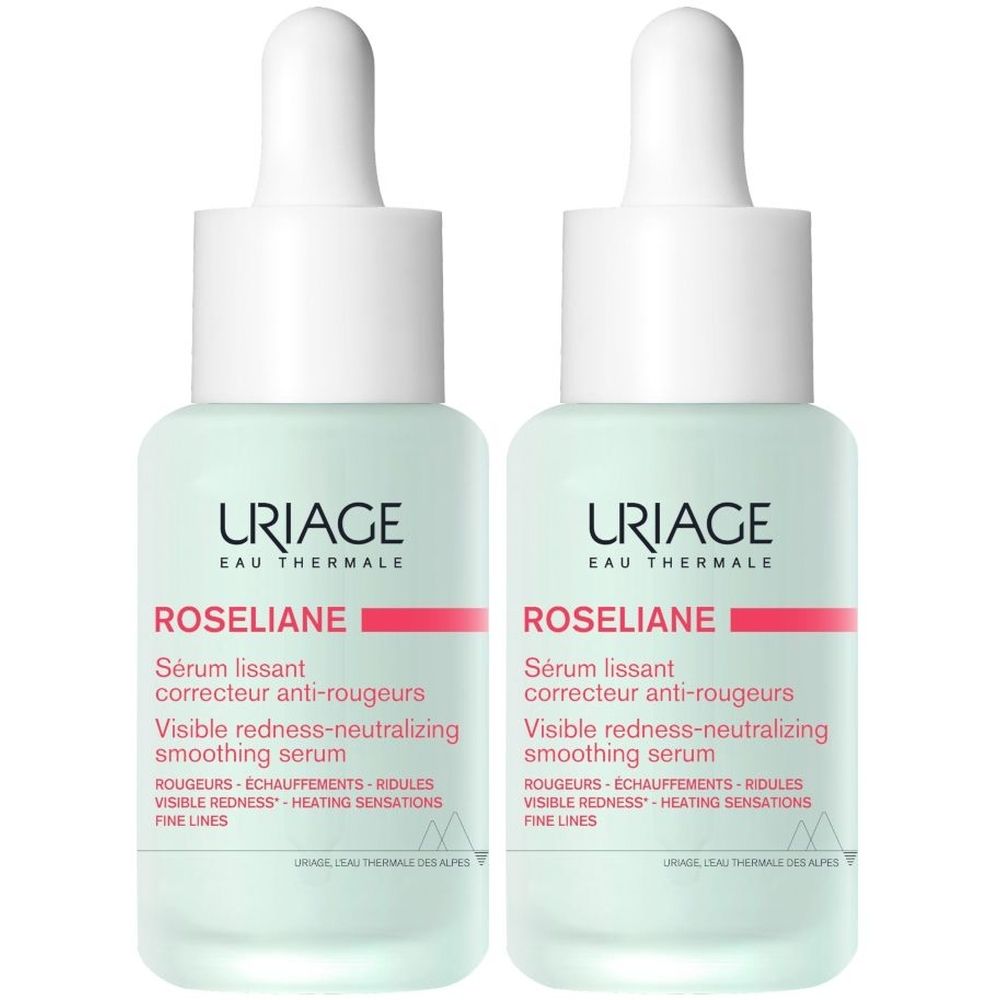 Due flaconi con tappo bianco e contagocce. Scritta: URIAGE Roséliane, siero anti-rossori. Liquido verde chiaro.