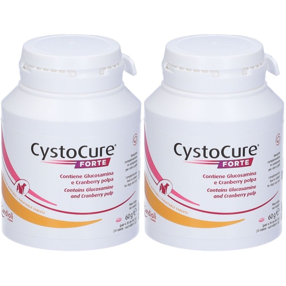 Due flaconi bianchi con scritta CystoCure Forte. Contiene glucosamina e polpa di mirtillo rosso. Tappo con chiusura di sicurezza.