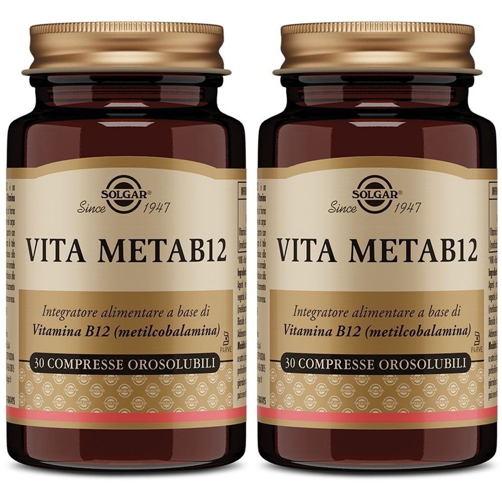 Due bottiglie di vetro marrone con tappi dorati. Scritta: SOLGAR Vita MetaB12. Contiene 30 compresse. Integratore alimentare.