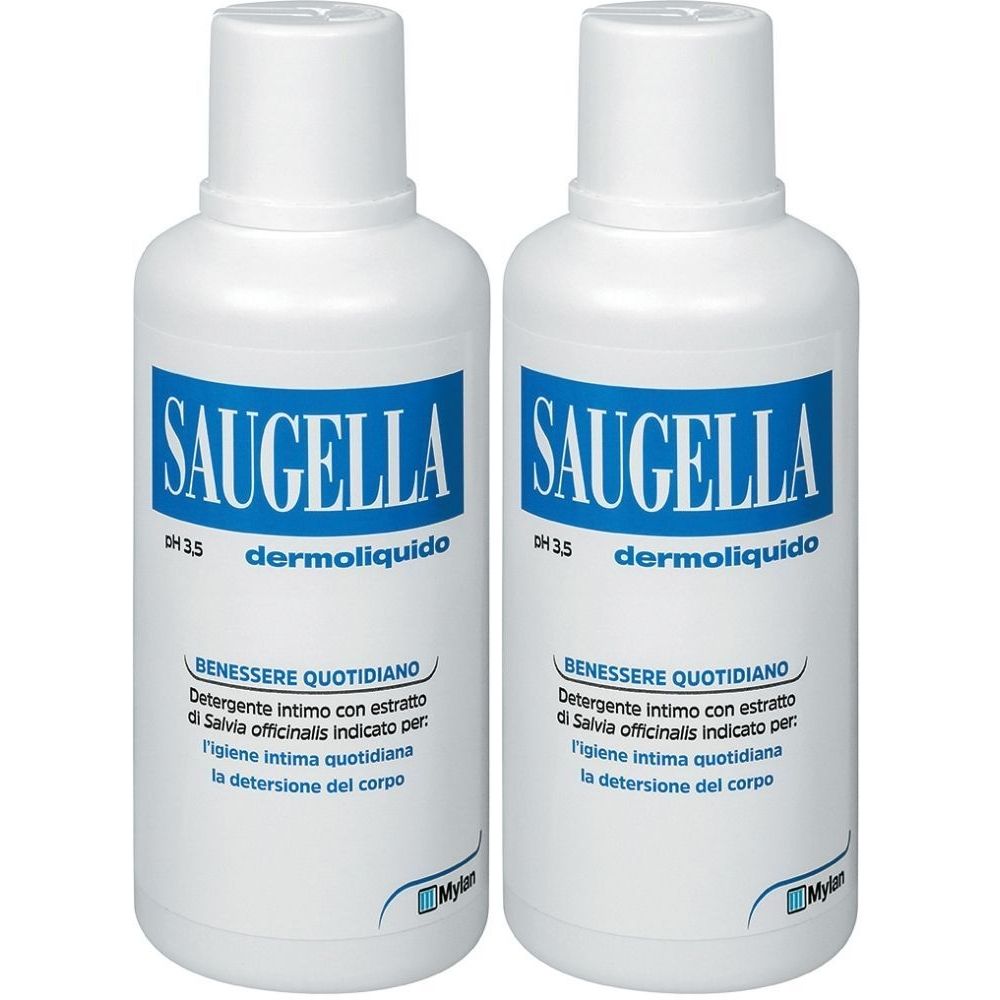 Due flaconi bianchi con etichetta blu. L'etichetta riporta SAUGELLA dermoliquido. Testo sottostante: BENESSERE QUOTIDIANO.