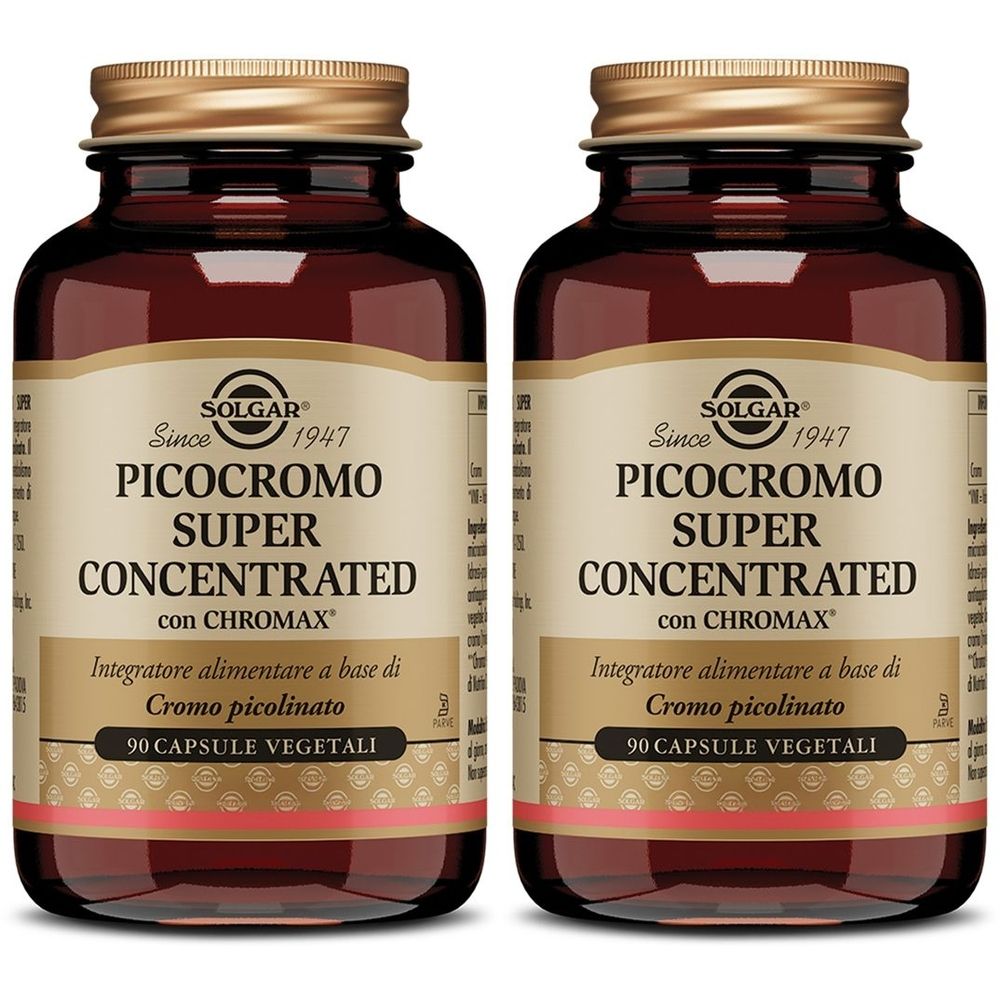 Due flaconi di capsule marroni. Scritta: SOLGAR, PICOCROMO SUPER CONCENTRATED, 90 CAPSULE VEGETALI.