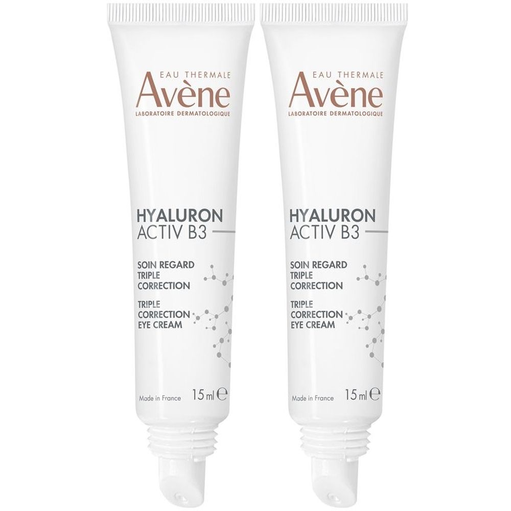Due tubi di crema per occhi. Bianchi, con testo. Contiene "Eau Thermale Avène Hyaluron Activ B3". "Triple Correction Eye Cream".