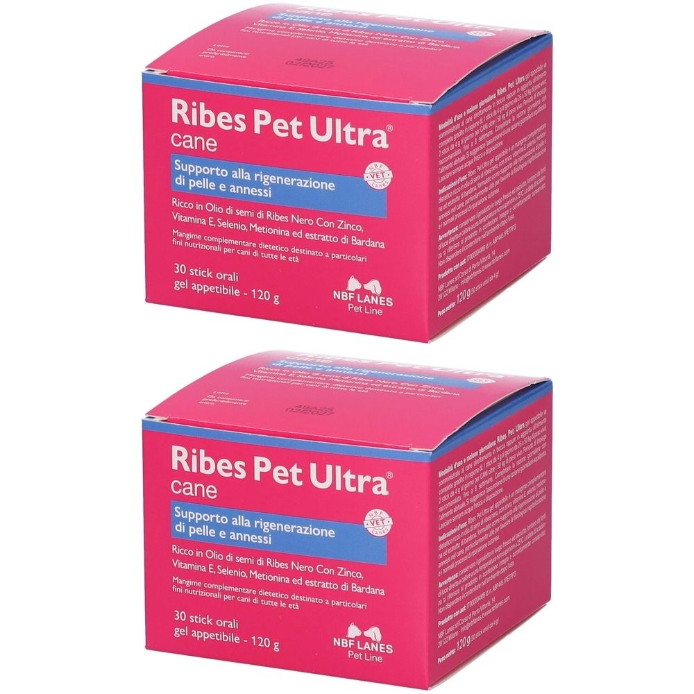 Due scatole rosa. Testo: Ribes Pet Ultra cane, 30 stick orali, 120 g. Marchio: NBF Lanes Pet Line. Supporto per la rigenerazione della pelle.