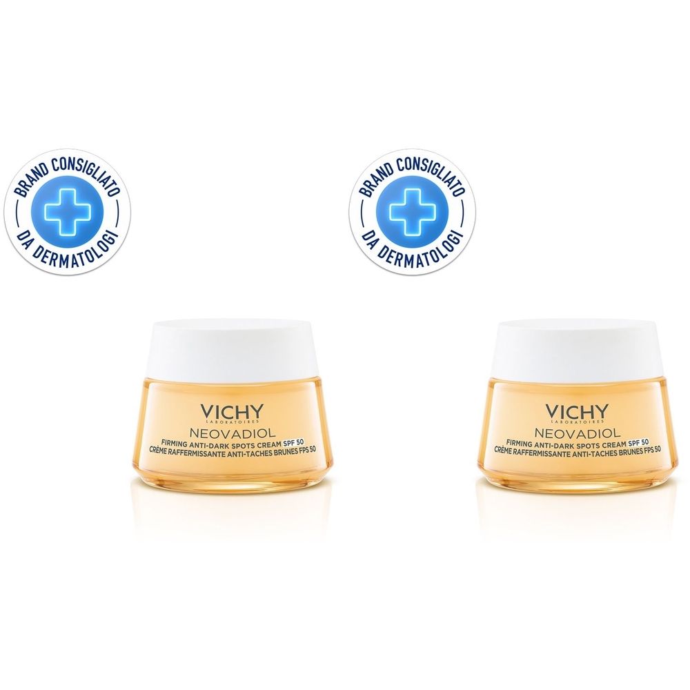 Due vasetti di crema con coperchi bianchi. Scritta: VICHY NEOVADIOL. In alto a sinistra e a destra: logo con croce e scritta.