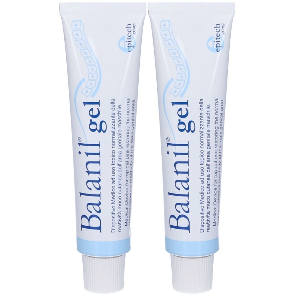 Due tubi di Balanil gel. Tubi bianchi con testo e logo blu. Dispositivo medico per uso topico sulla zona genitale maschile.