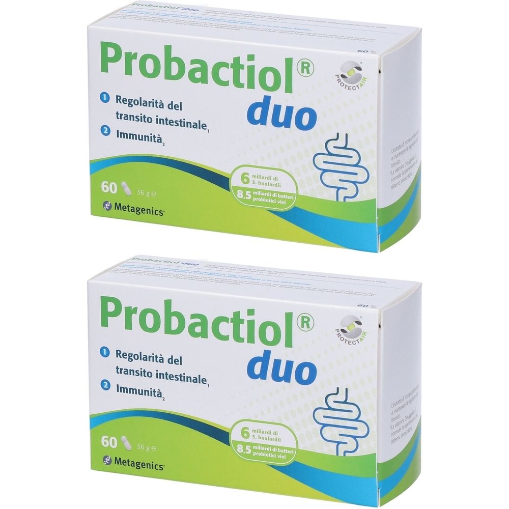 Due scatole bianche "Probactiol duo". Informazioni sugli ingredienti e il marchio. Logo con disegno dell'intestino.