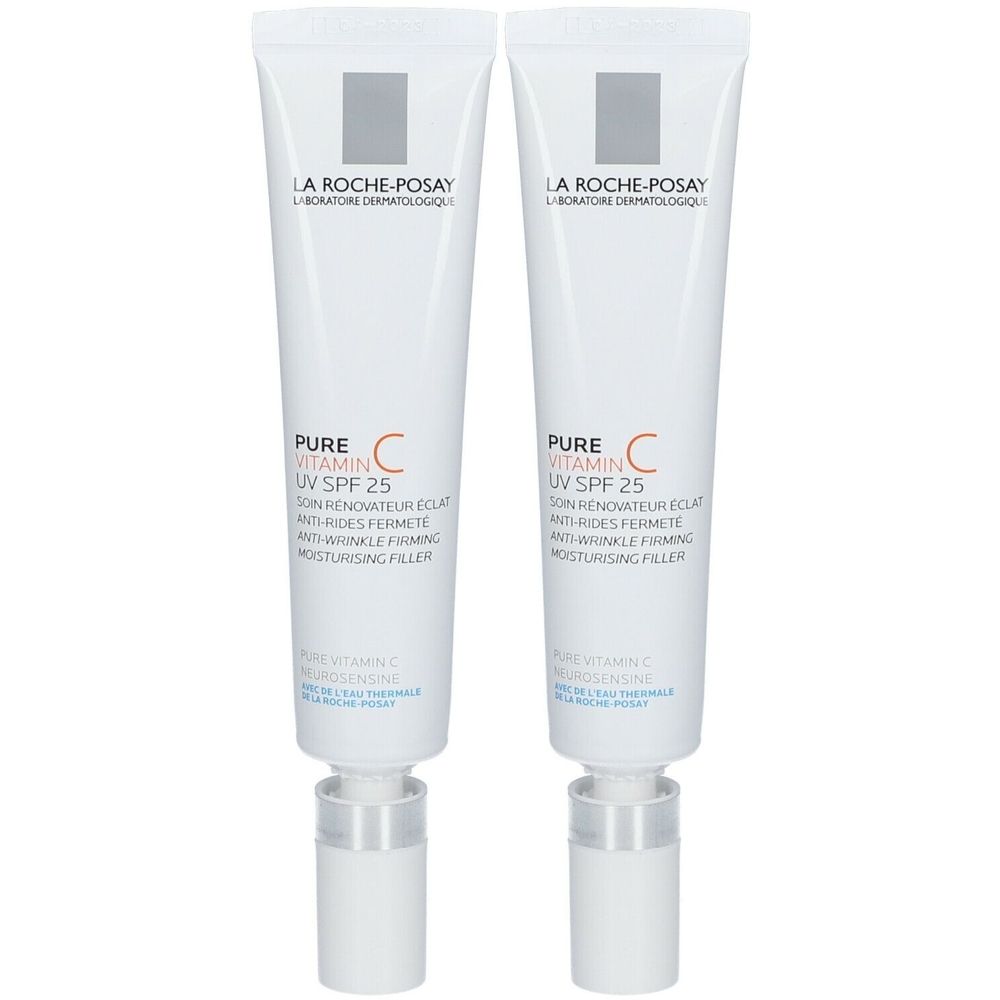 Due tubi di La Roche-Posay Pure Vitamin C UV SPF25. Tubi bianchi con testo e logo. Tappi grigi.