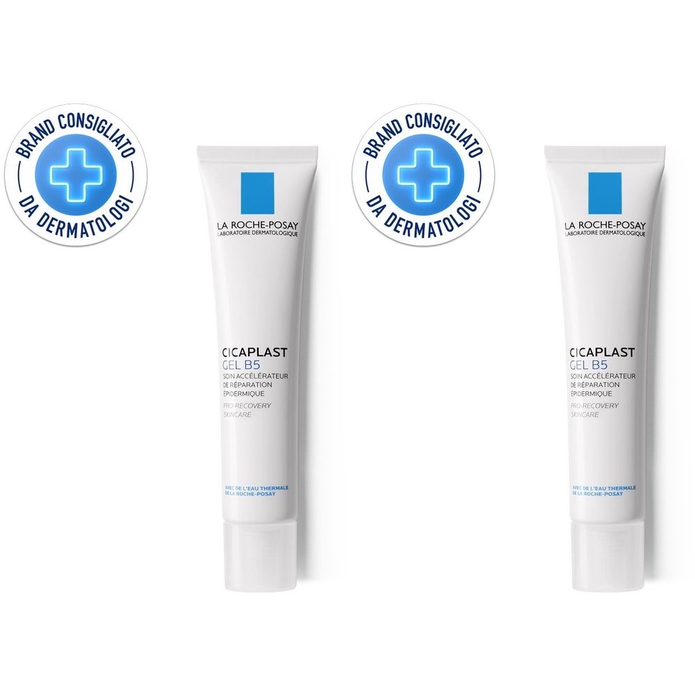 Due tubi bianchi con logo e scritta "CICAPLAST GEL B5". Marchio di raccomandazione dermatologica in alto.