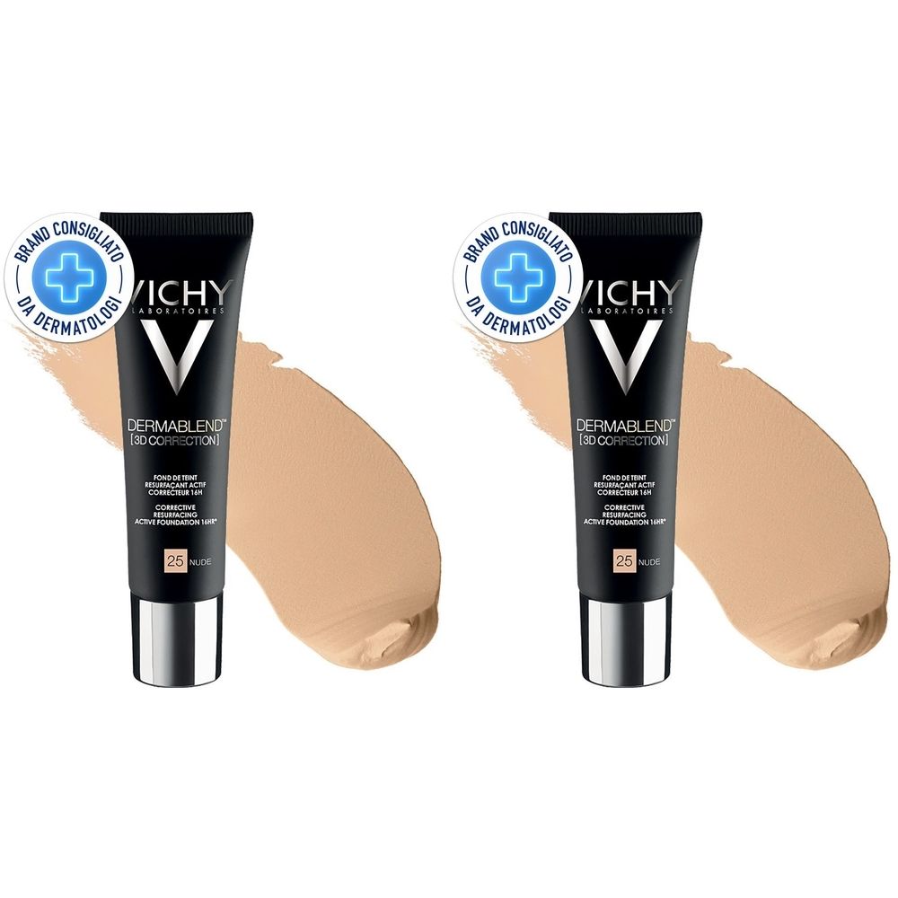 Due tubi di fondotinta Vichy Dermablend 3D. Tubi neri con testo bianco e macchie di colore. Scritta: DERMABLEND 3D CORRECTION.