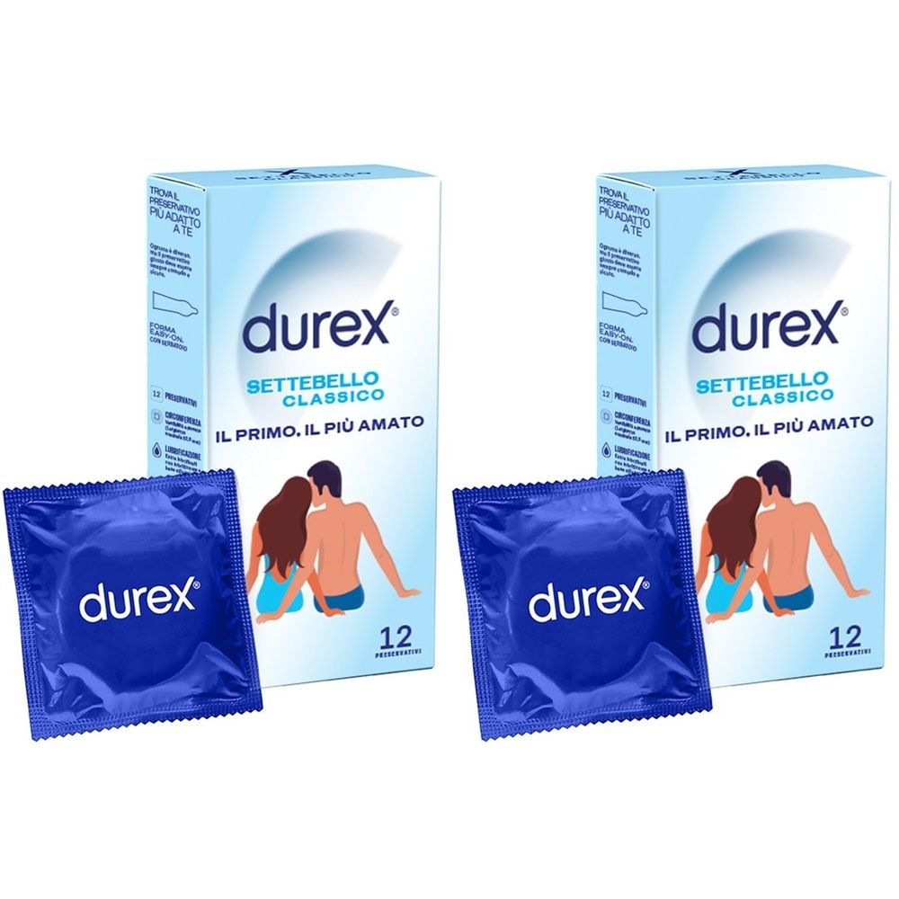 Due confezioni di preservativi e due involucri blu. Marchio "durex Settebello Classico" visibile.