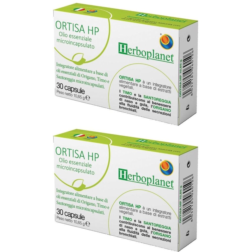 Due confezioni di "ORTISA HP". Ogni scatola mostra "Herboplanet" e "30 capsule".
