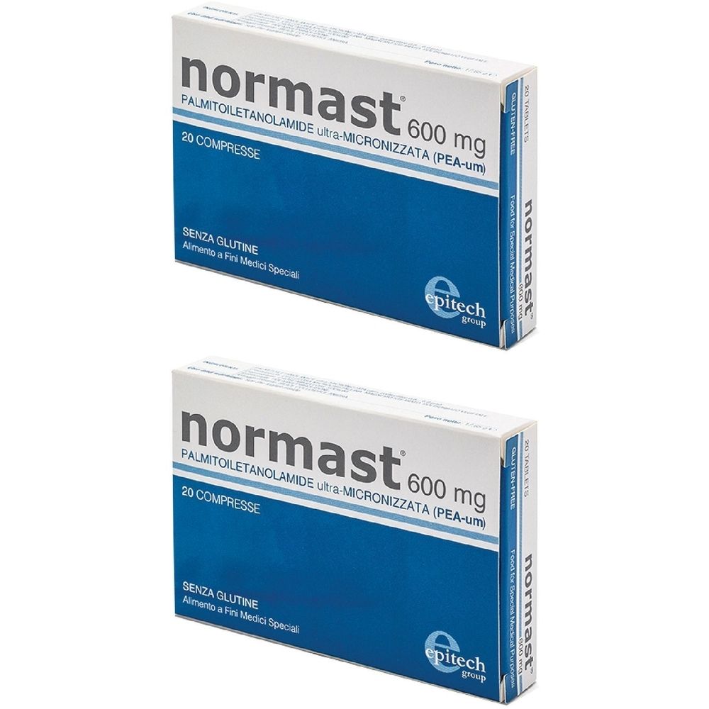 Due confezioni "normast 600 mg". Confezione blu e bianca con testo in italiano. Visibile "20 Compresse". Marchio "epitech".