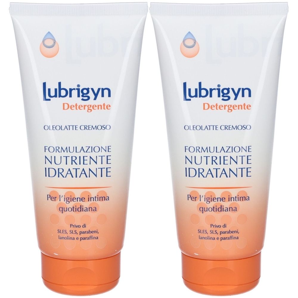 Due tubi di Lubrigyn Detergente. Tubi bianchi con elementi arancioni e informazioni sul prodotto. Testo: Oleolatte Cremoso, Formula nutriente.