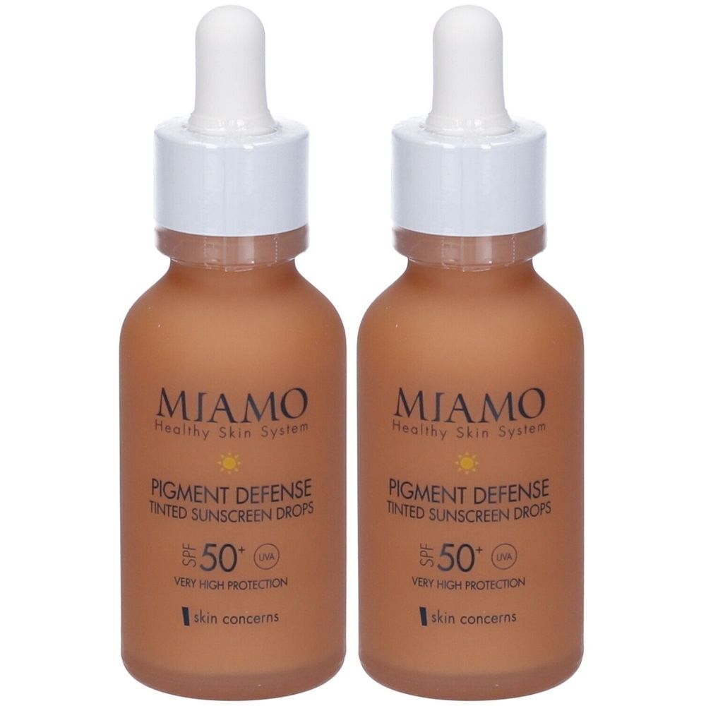 Due flaconi di liquido marrone con tappi bianchi e contagocce. Scritta: MIAMO, Pigment Defense, gocce solari colorate, SPF 50.