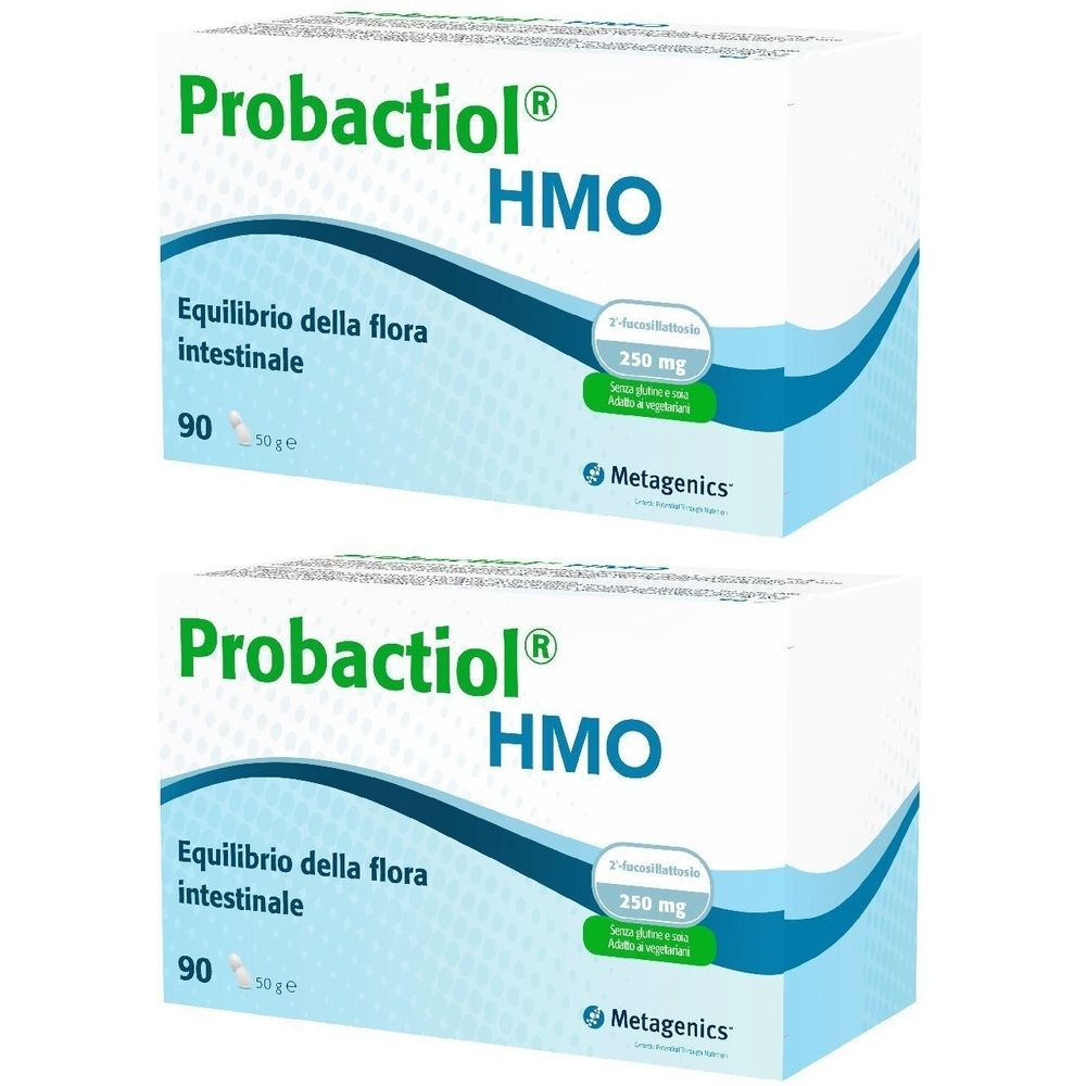 Due scatole bianche con "Probactiol HMO". Testo: "Equilibrio della flora intestinale", "90", "50g". Marchio: Metagenics.