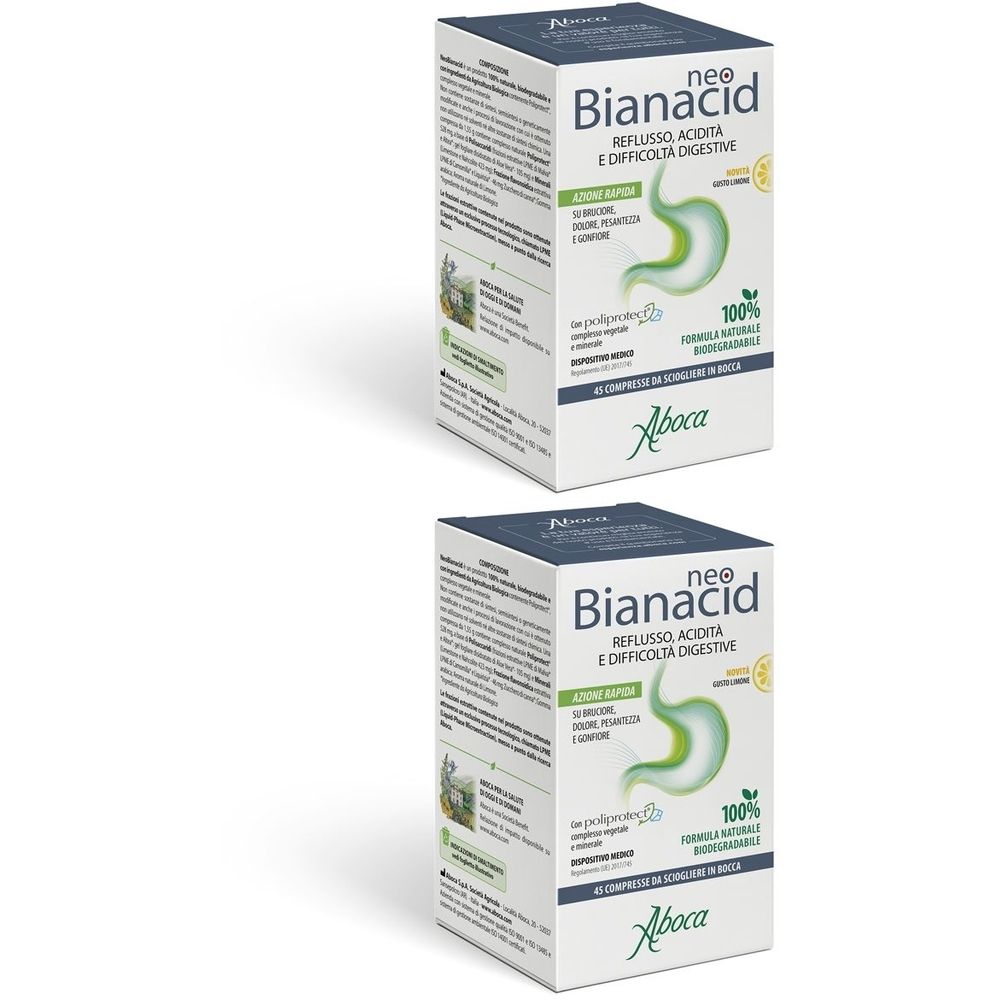 Due confezioni di Neo Bianacid. Scritta: Reflusso, Acidità e Difficoltà Digestive. Logo Aboca. 45 compresse. Formula naturale al 100%.