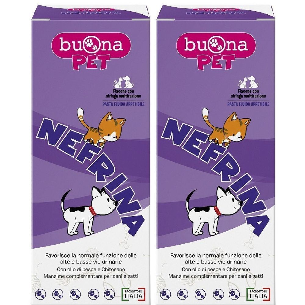 Due confezioni con scritte del prodotto. Scritte: Buona Pet, Nefrina. Illustrazioni di gatto e cane. Testo in italiano.
