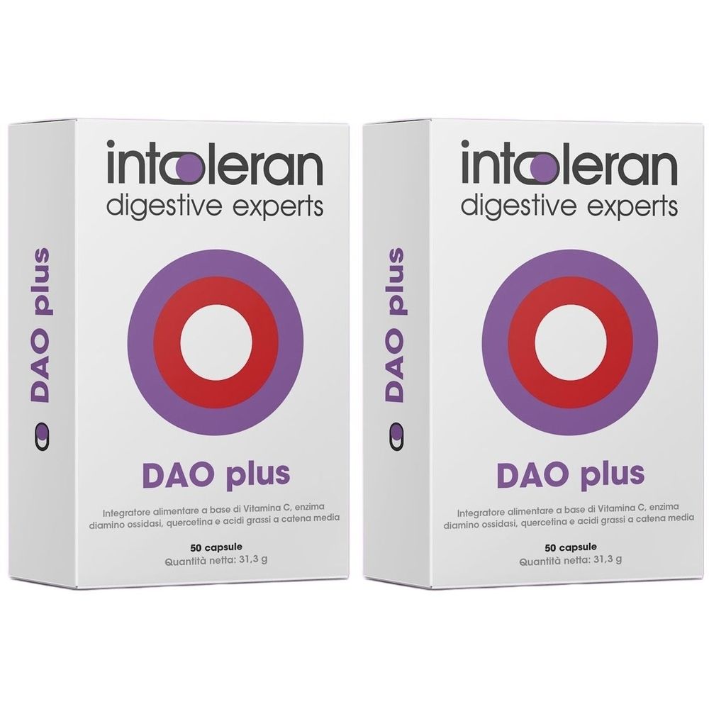 Due scatole bianche con "DAO plus". "intoleran digestive experts" in alto. Ogni scatola mostra un cerchio con anelli concentrici.