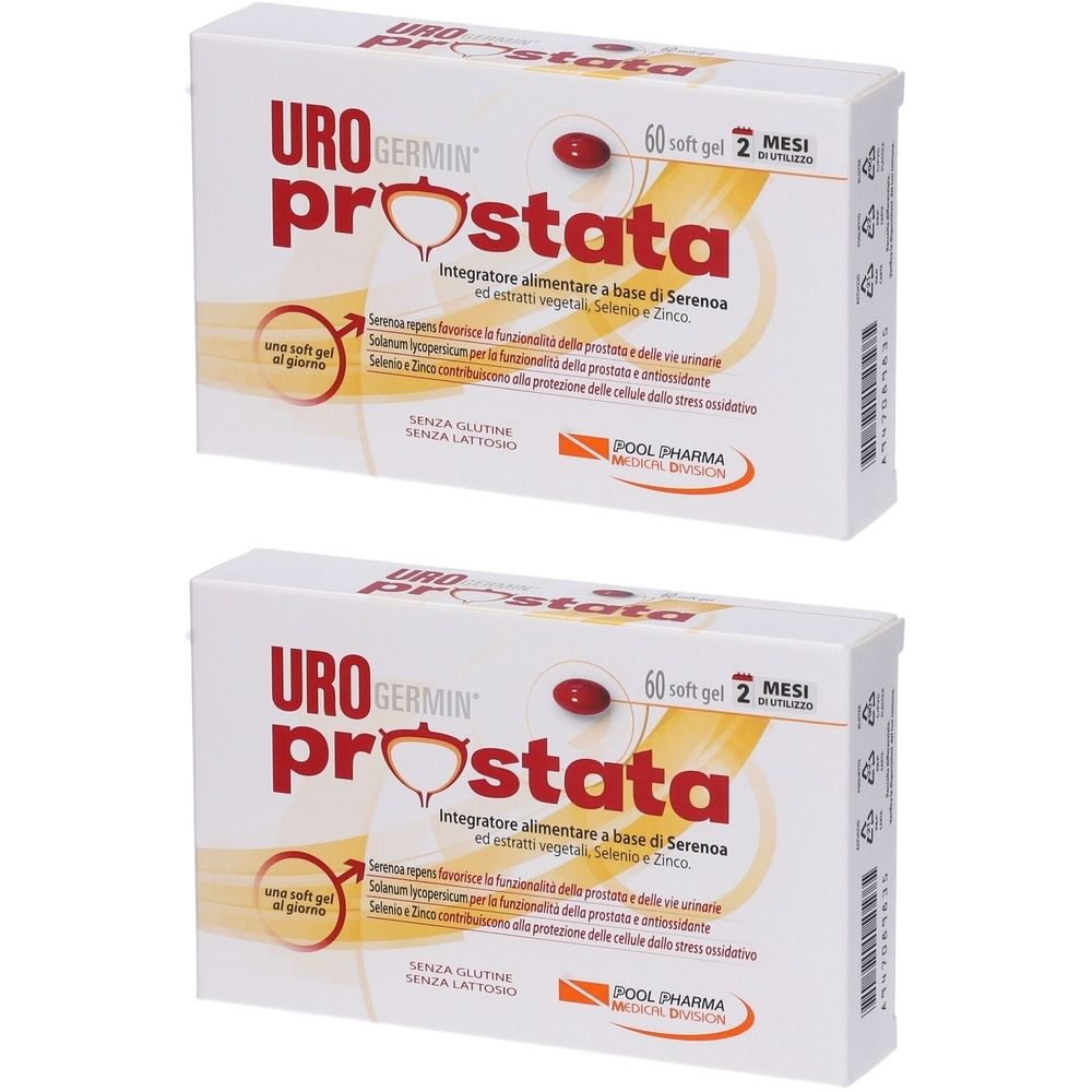 Due confezioni di Urogermin Prostata Soft Gel. Scatole bianche con immagine di capsula rossa e nome del prodotto. Testo in italiano.