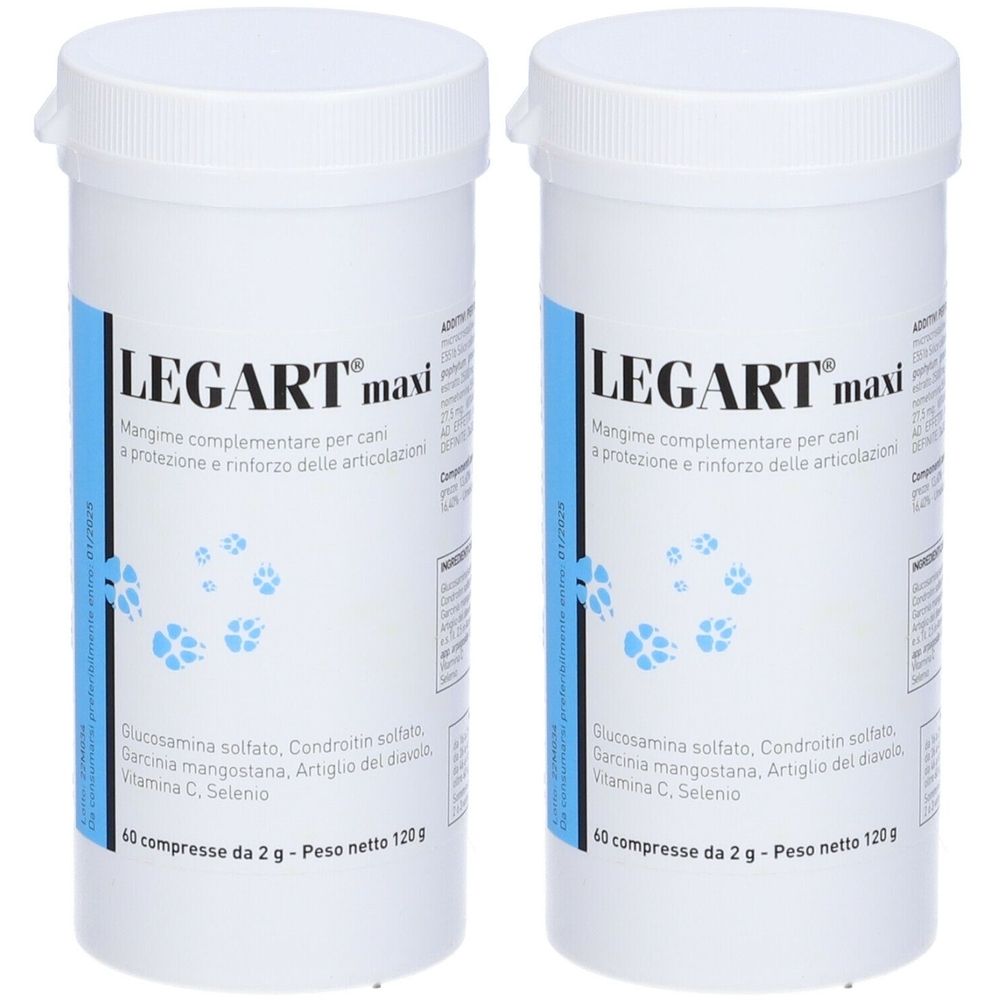 Due contenitori bianchi con coperchi. Scritta LEGART maxi. Etichette blu con informazioni e impronte di zampe. 60 compresse, 2 g, 120 g.