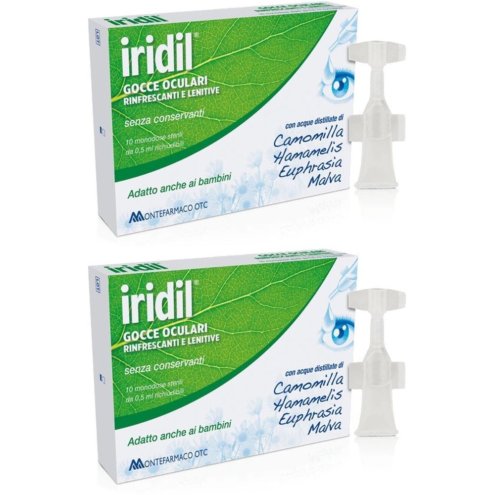 Due confezioni di Iridil gocce oculari. Scatole bianche con foglie verdi e nome del prodotto. Contiene contenitori monodose.