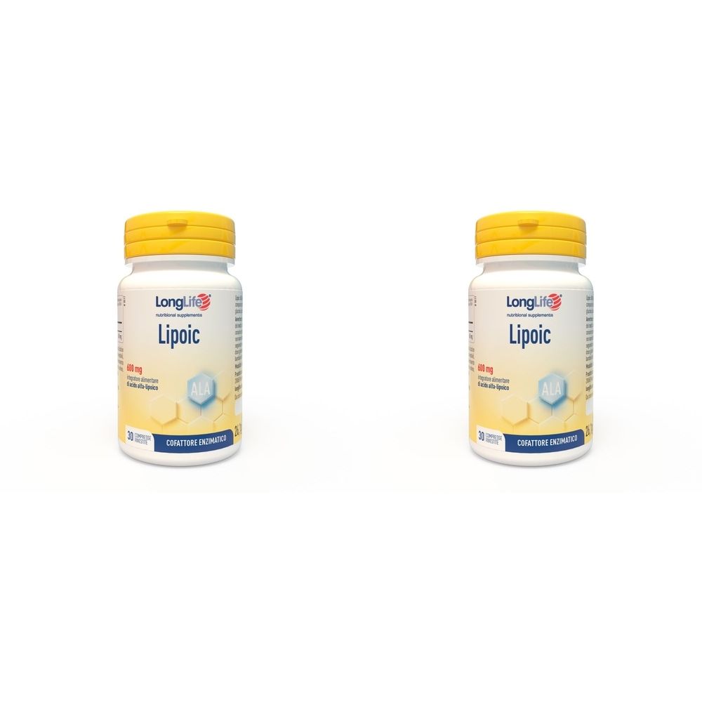 Due flaconi bianchi con tappi gialli. Scritta: LongLife Lipoic 600 mg. Etichette con informazioni sul prodotto.
