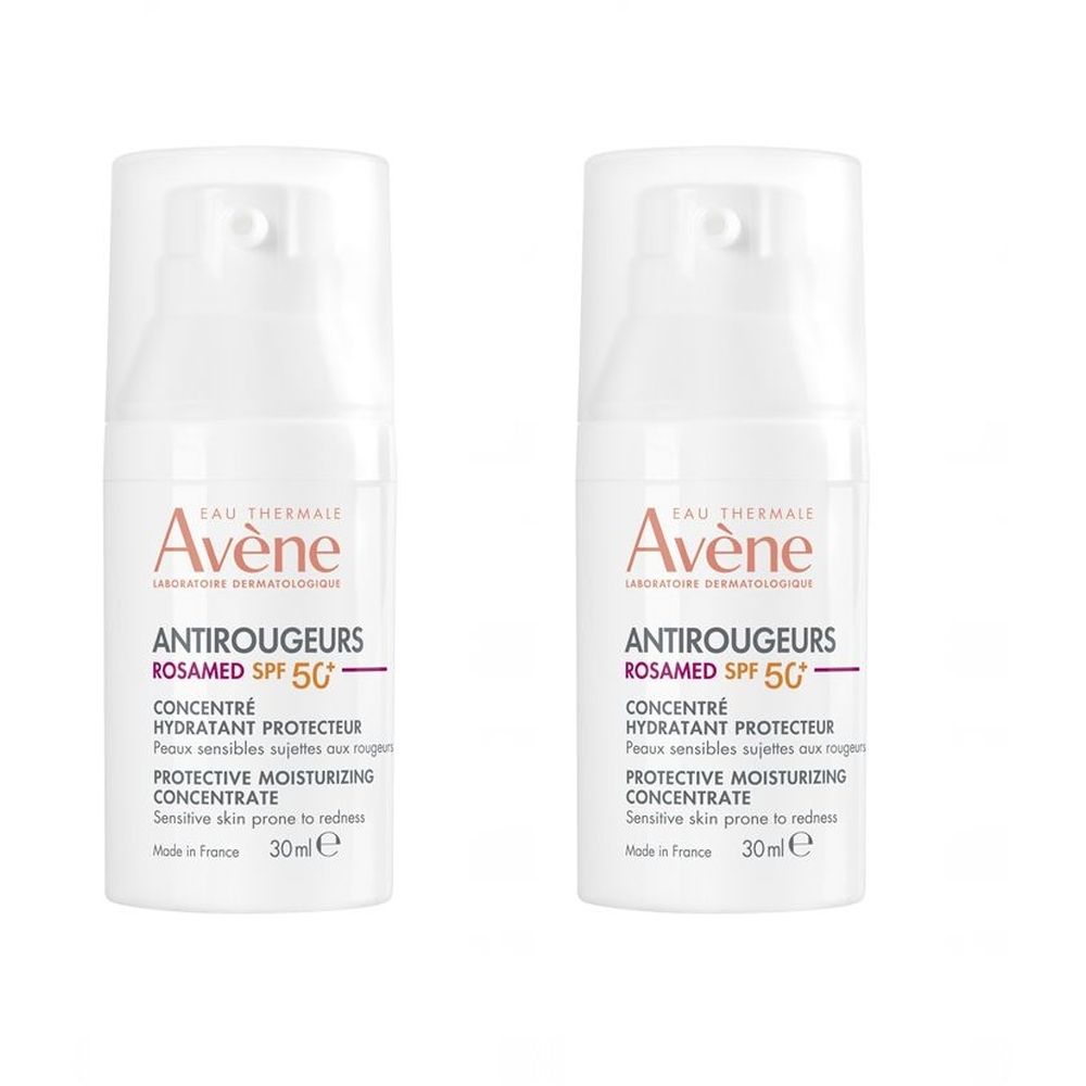 Due flaconi bianchi con erogatore spray. Scritta: Avène, ANTIROUGEURS ROSAMED SPF 50+, concentrato, 30ml.