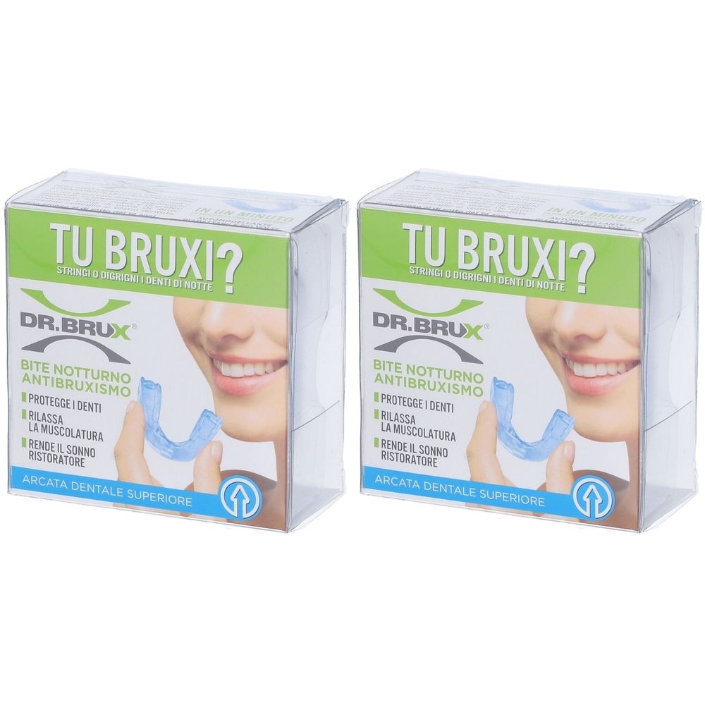Due confezioni di bite notturno anti-bruxismo DR. BRUX®. Confezione trasparente con immagine e testo. Scritta: TU BRUXI?