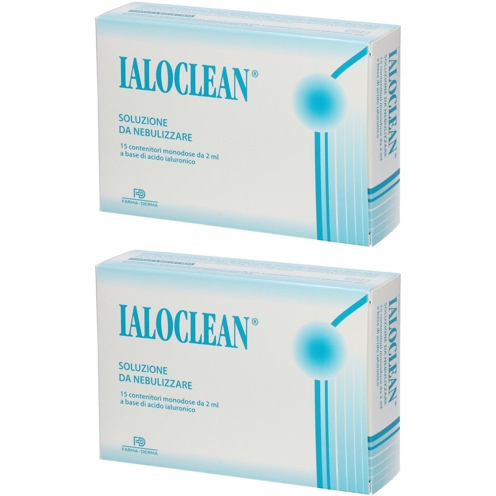 Due scatole bianche con testo blu. Scritto: IALOCLEAN Soluzione da Nebulizzare. 15 monodose con acido ialuronico.