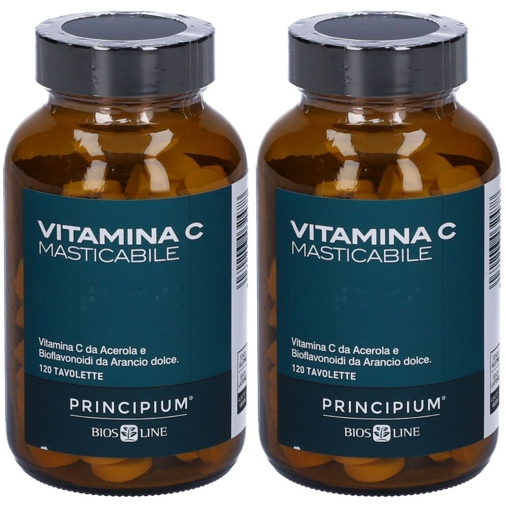 Due flaconi in vetro marrone di compresse di vitamina C. Scritta: VITAMINA C MASTICABILE, PRINCIPIUM, BIOS LINE.