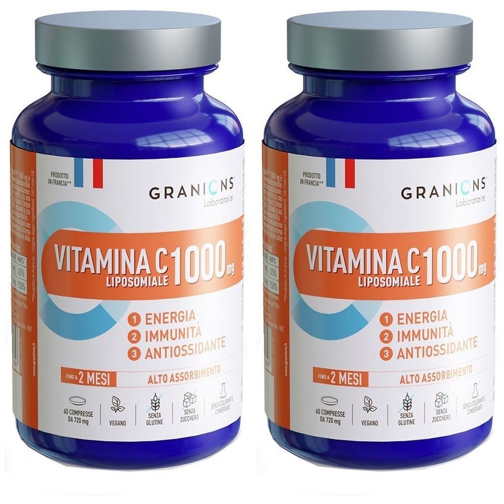 Due flaconi blu con tappi argentati. Scritta: Granions, Vitamina C 1000, Liposomiale. Contiene 40 compresse. Vegano, senza glutine, senza zucchero.