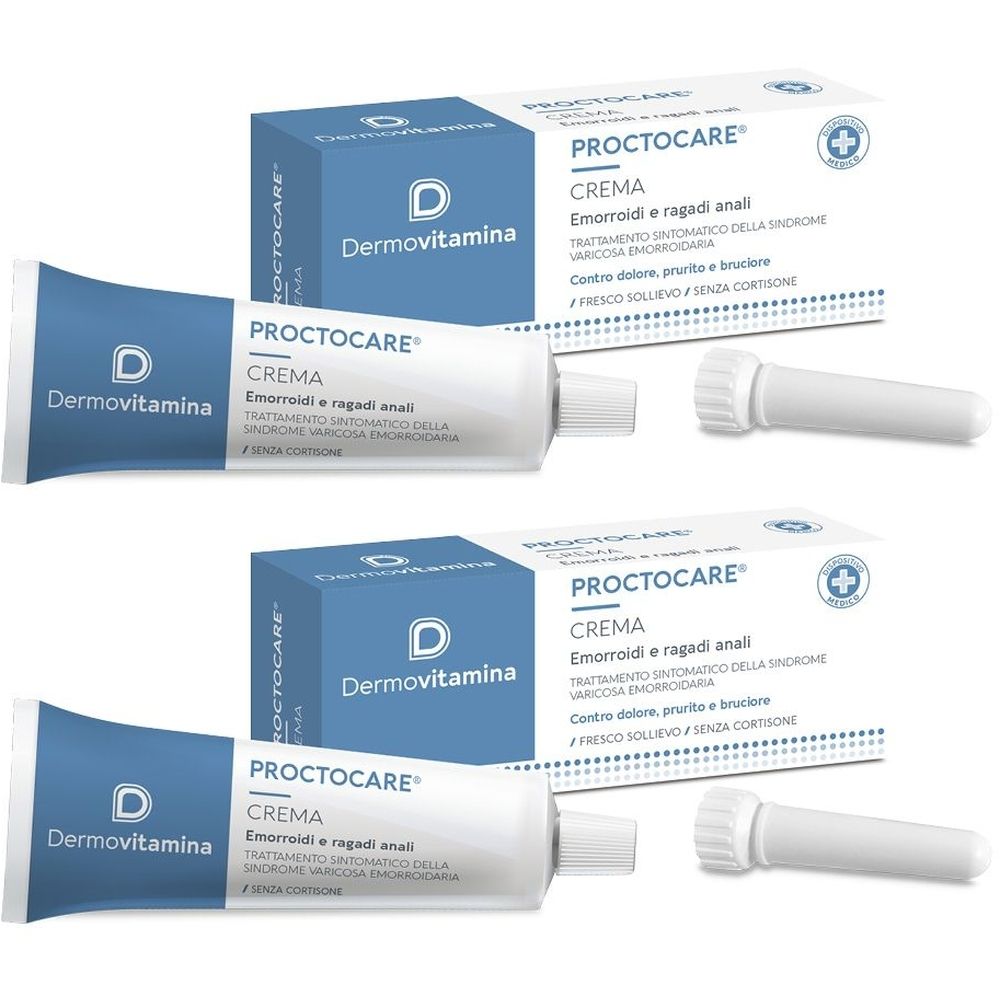 Due tubi e due applicatori. "PROCTOCARE CREMA" è scritto sui tubi e sulle scatole.