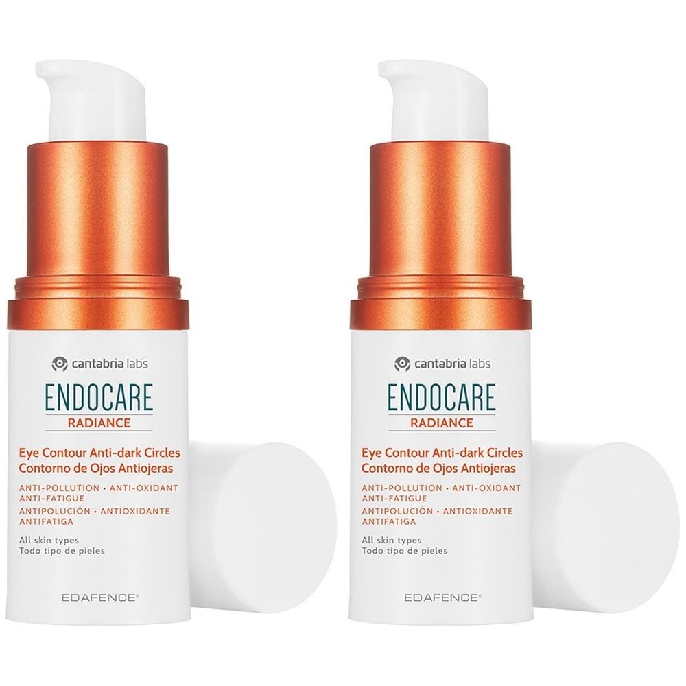 Due flaconi Endocare Radiance Contorno Occhi. Flaconi bianchi con parti superiori arancioni e pompe bianche. Testo: ENDOCARE RADIANCE.