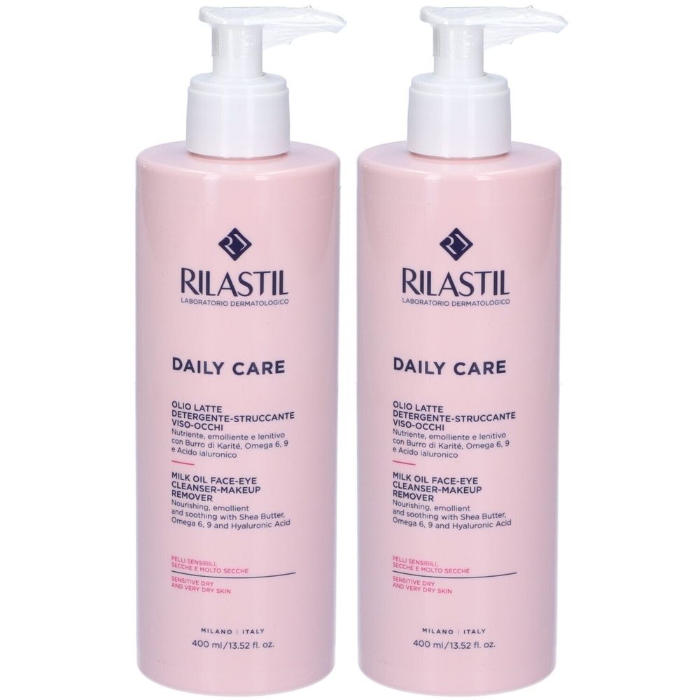 Due flaconi rosa con erogatori bianchi. Scritta: Rilastil Daily Care, detergente olio-latte viso-occhi.