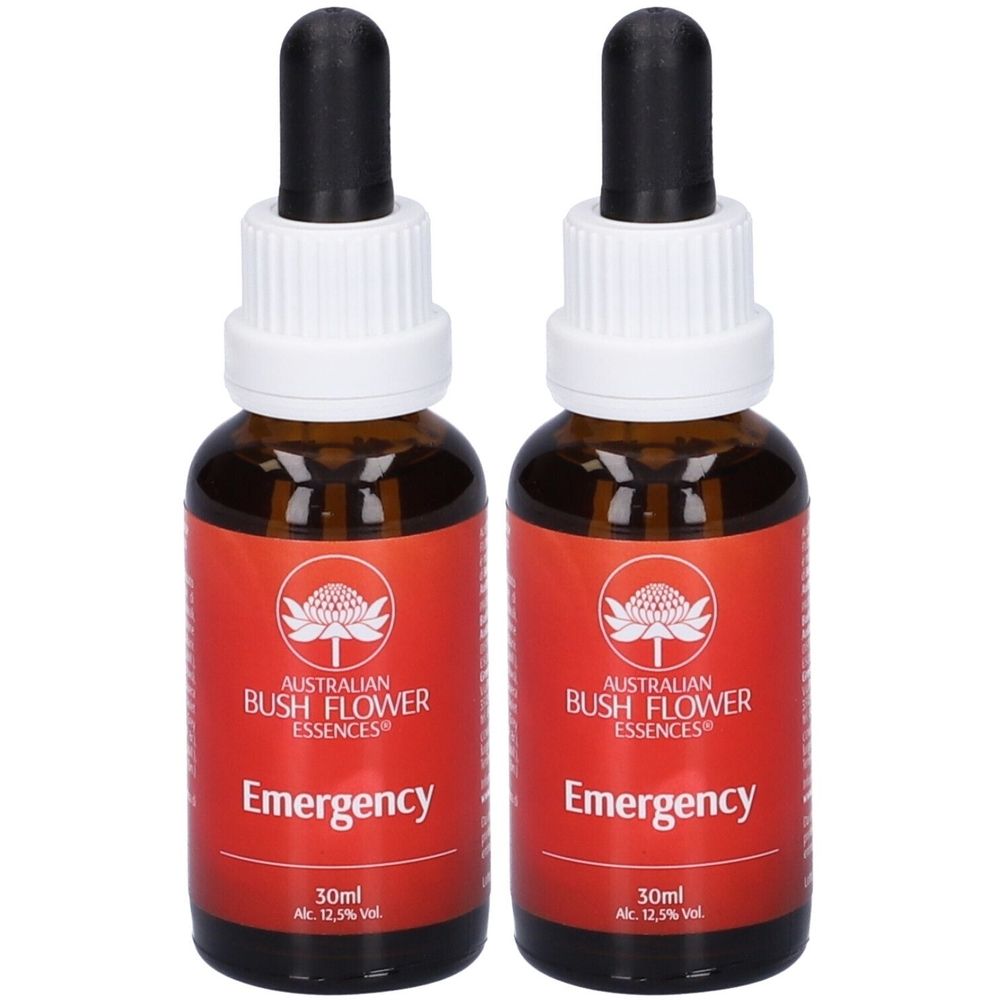 Due flaconi di vetro marrone con contagocce nero ed etichetta rossa. Scritta: Australian Bush Flower Essences, Emergency, 30ml, 12,5% Vol.