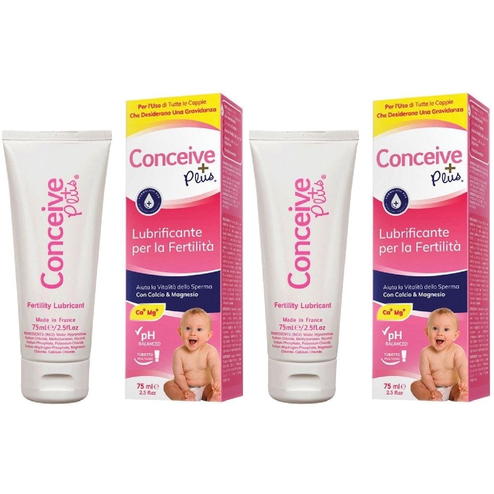 Due tubi e due scatole. Scritto: Conceive Plus, lubrificante per la fertilità. Contiene calcio e magnesio.