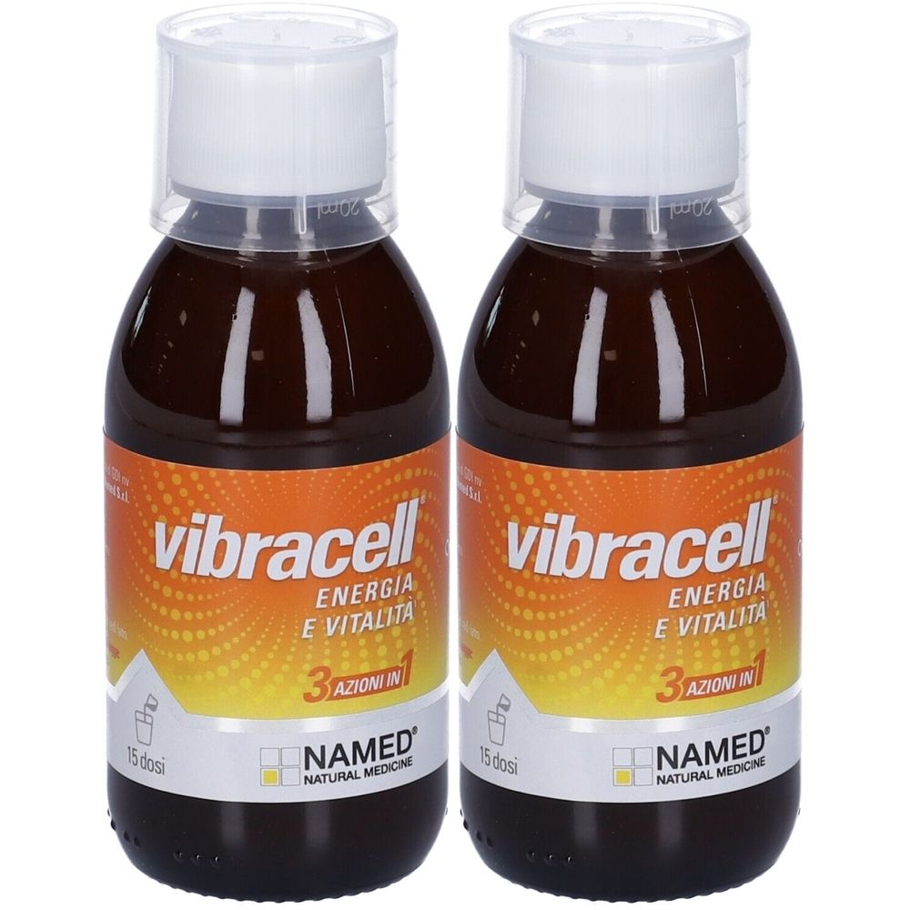 Due bottiglie di liquido marrone. Scritta vibracell, Energia e Vitalita, 3 Azioni in 1. Marchio NAMED Natural Medicine.
