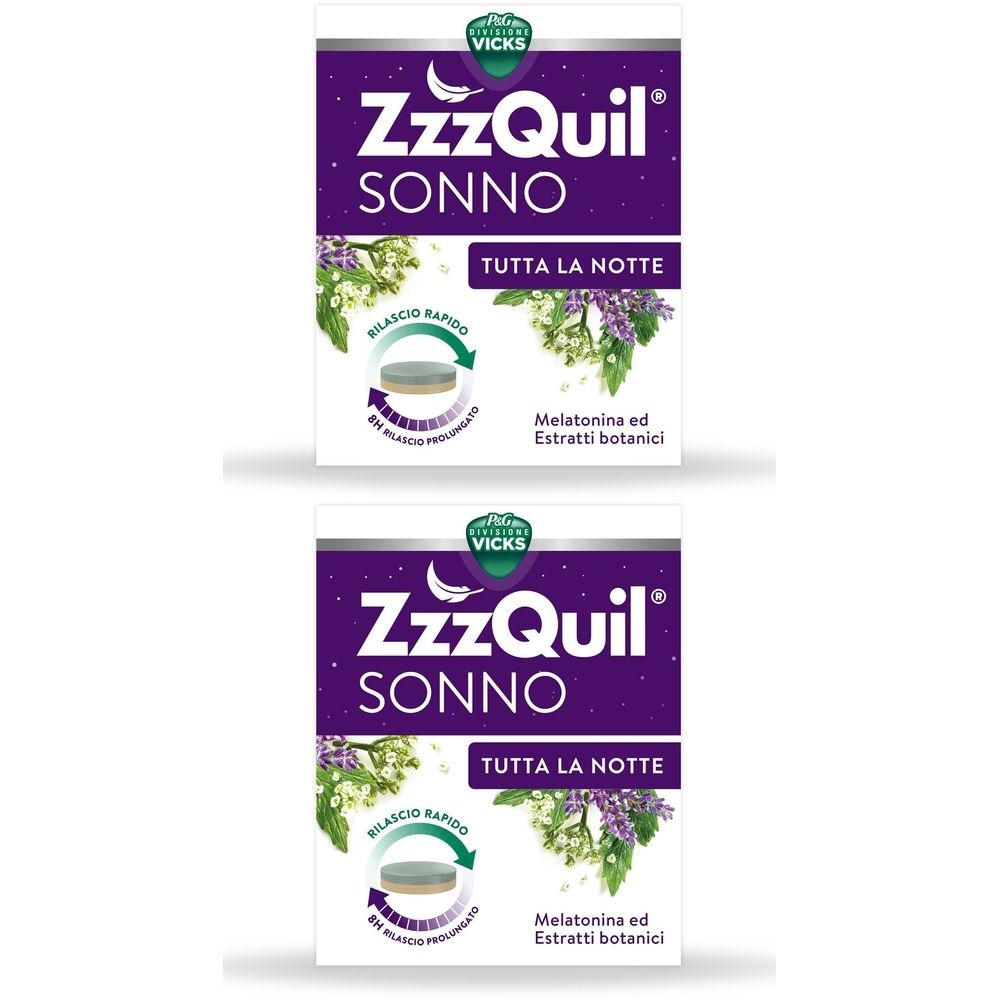 Due confezioni di ZzzQuil Sonno. Confezione viola con testo bianco. Contiene melatonina ed estratti botanici. Marchio Vicks.