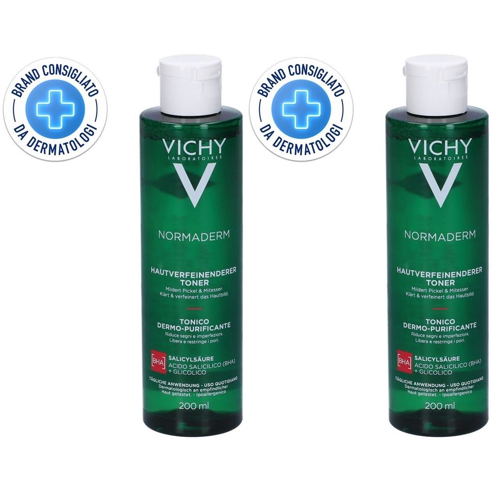 Due bottiglie verdi con tappo bianco. Scritta: Vichy Normaderm Toner. Consigliato dai dermatologi. 200 ml.