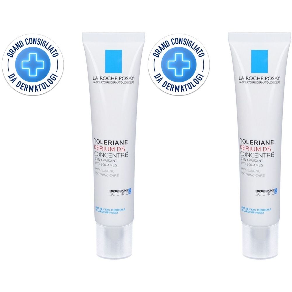 Due tubi bianchi con loghi blu e testo. Ogni tubo riporta "TOLERIANE KERIUM DS CONCENTRÉ". Due loghi rotondi con croce.