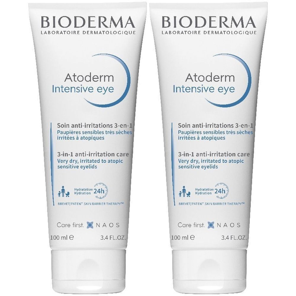 Due tubi di BIODERMA Atoderm Intensive Eye. Tubi bianchi con testo e logo blu. Contiene 100 ml.