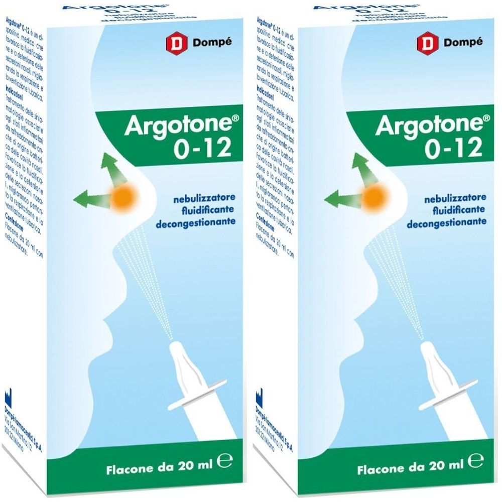 Due confezioni di Argotone 0-12. Ogni confezione mostra uno spray nasale. Il marchio Dompé è visibile.